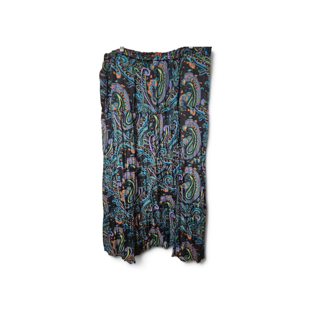 Boho Paisley Print Tiered Maxi Skirt Blue Purple Orange Crinkle Texture 0571